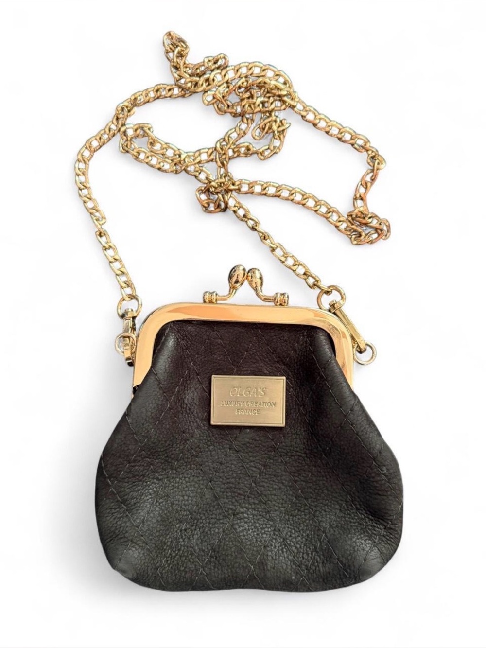 OLGA’s Luxury Creation Black sueded kiss lock bag  with gold hardware and chain